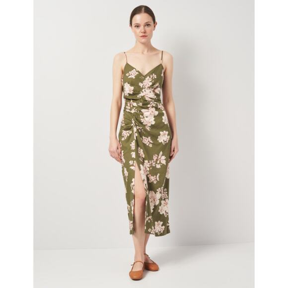 Zara Linen Blend Floral Midi Dress Green Pink Size L - Picture 1 of 13